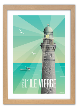 Affiche du Phare de l'Île Vierge à Plouguerneau avec un cadre en chêne