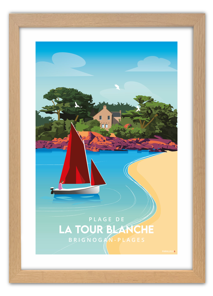 Affiche de la plage de la Tour Blanche à Brignogan-Plages avec un cadre en chêne