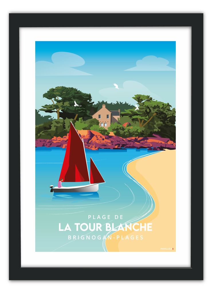 Affiche de la plage de la Tour Blanche à Brignogan-Plages avec un cadre noir