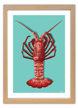 Affiche d'une Langouste sur fond bleu avec un cadre en chêne