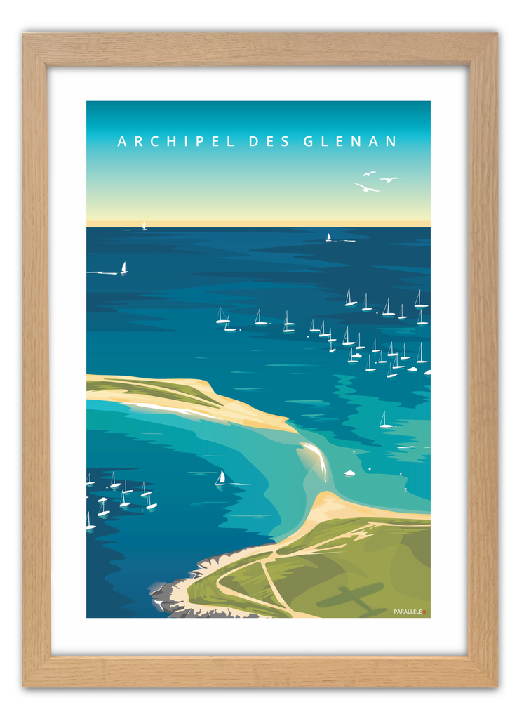 Affiche de l'archipel des Glénan vu du ciel avec un cadre en chêne