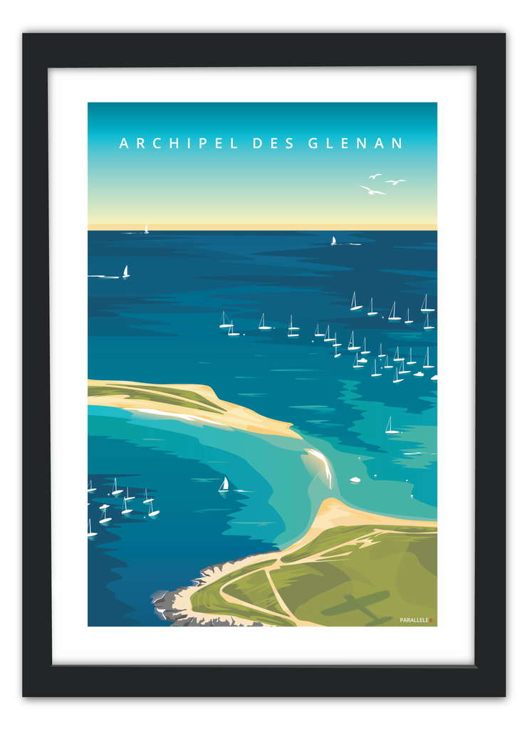 Affiche de l'archipel des Glénan vu du ciel avec un cadre noir