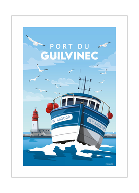 Affiche d'un bateau de pêche rentrant au port du Guilvinec.