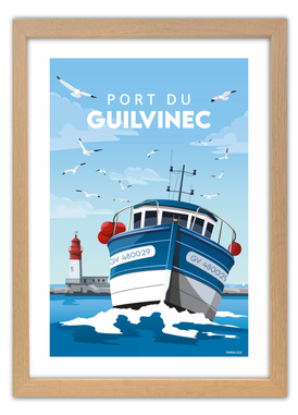 Affiche d'un bateau de pêche rentrant au port du Guilvinec. avec un cadre en chêne