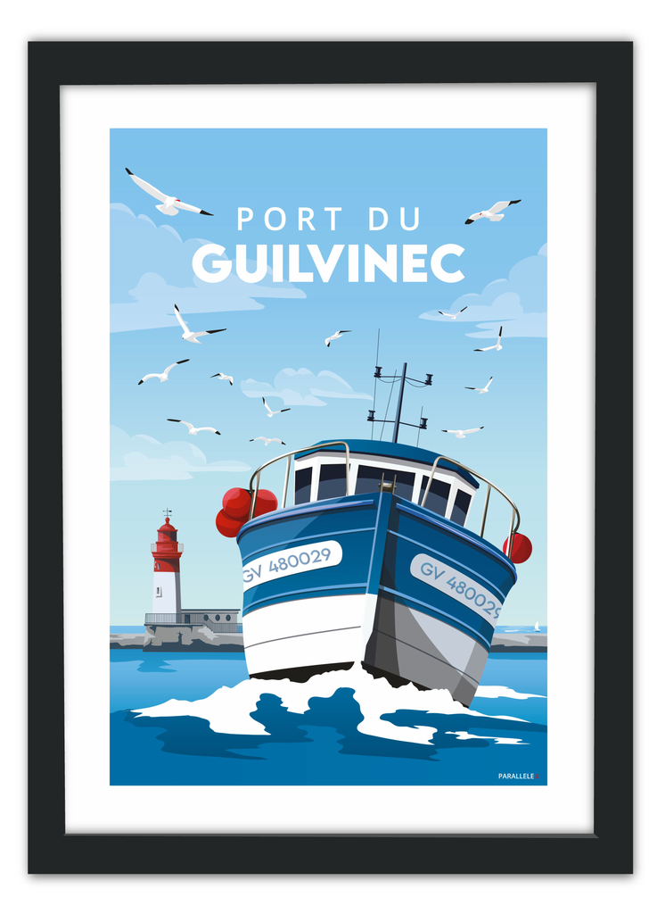 Affiche d'un bateau de pêche rentrant au port du Guilvinec. avec un cadre noir