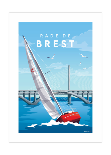 Affiche d'un voilier naviguant en rade de brest devant le pont de plougastel