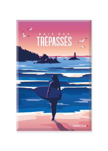 Située entre la Pointe du Raz et la Pointe du Van, la Baie des Trépassés est un spot prisé par les amoureux des vagues. L'illustration a été dessinée dans le Finistère et le magnet a été fabriqué en France.  Pour l'expédition de votre commande, chaque magnet est soigneusement inséré dans un sachet en plastique recyclé, lui même inséré dans un carton solide d'expédition.  Dimensions : 5.4 x 8 cm  Finition : mat soft touch