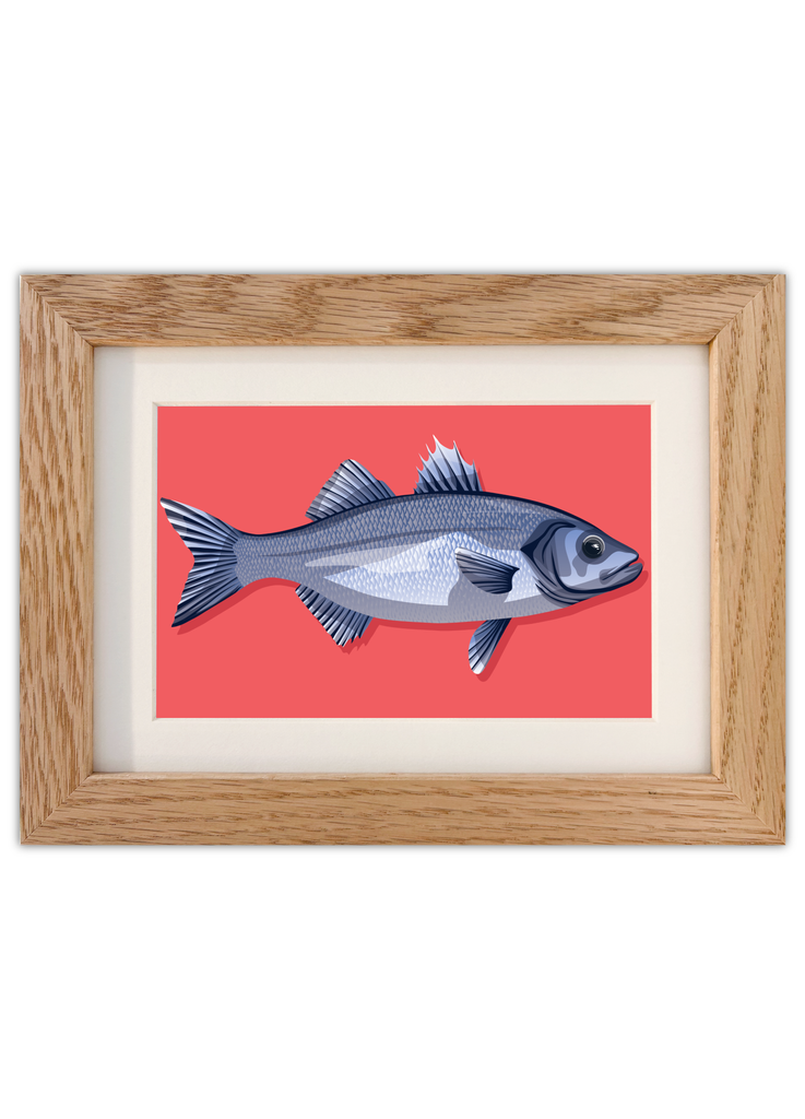 Carte postale d'un poisson sur fond rose avec un cadre en chêne