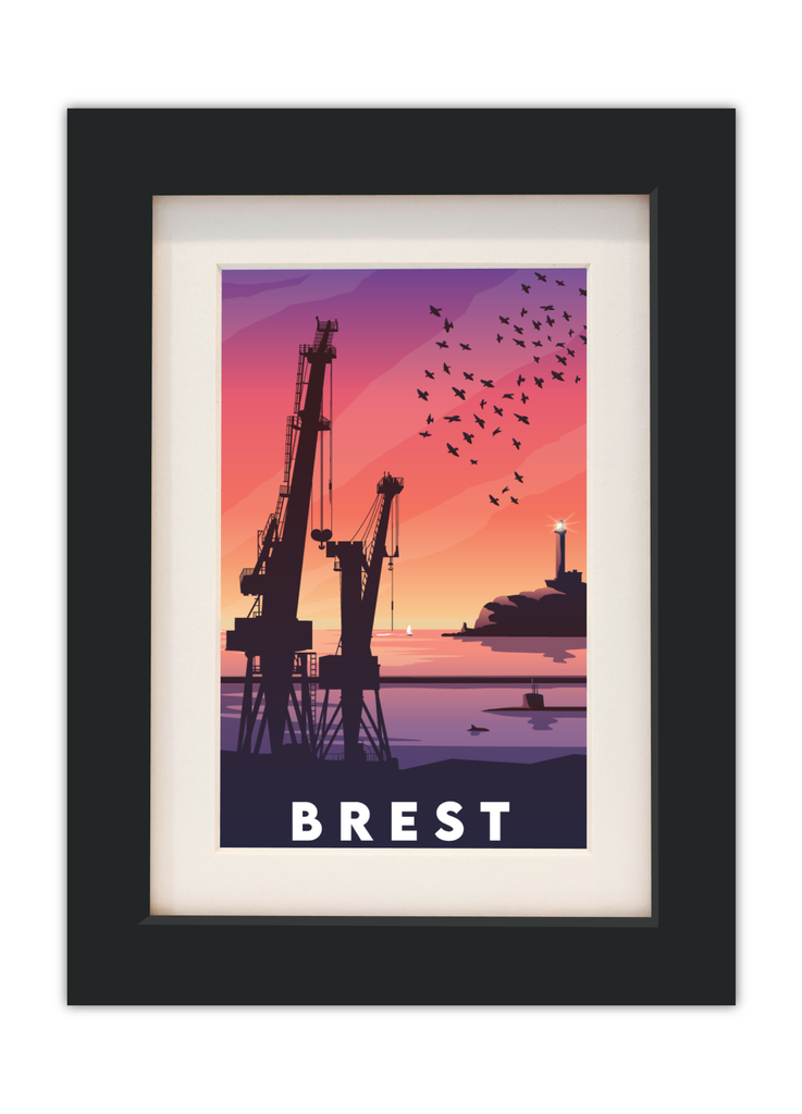 Carte postale des grues de Brest avec un cadre noir