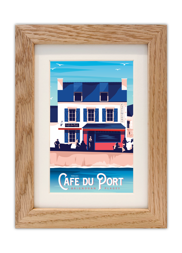Carte postale du Café du Port à Brignogan-Plages avec un cadre en chêne