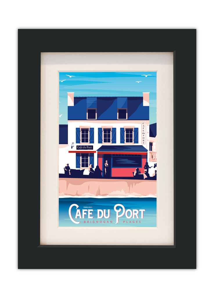 Carte postale du Café du Port à Brignogan-Plages avec un cadre noir