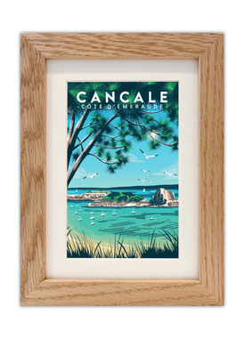 Carte postale de l'île des rimains à Cancale avce un cadre en chêne