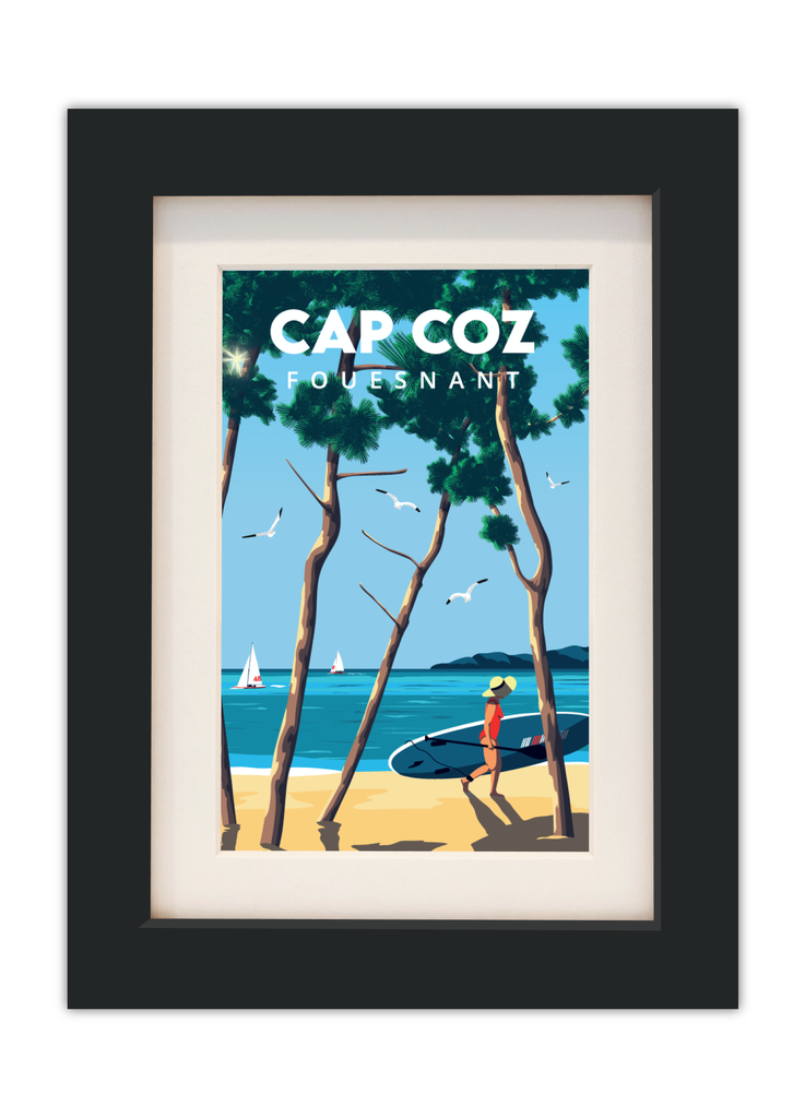 Carte postale de la plage du Cap Coz à Fouesnant avec un cadre noir