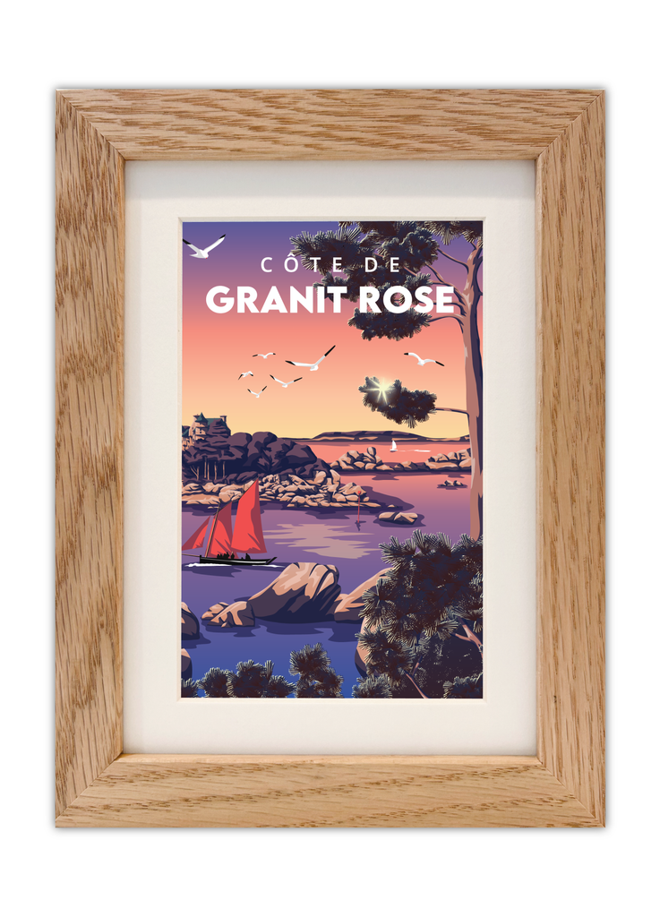 Carte postale de la côte de granit rose avec un cadre chêne