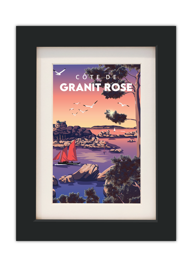 Carte postale de la côte de granit rose avec un cadre noir