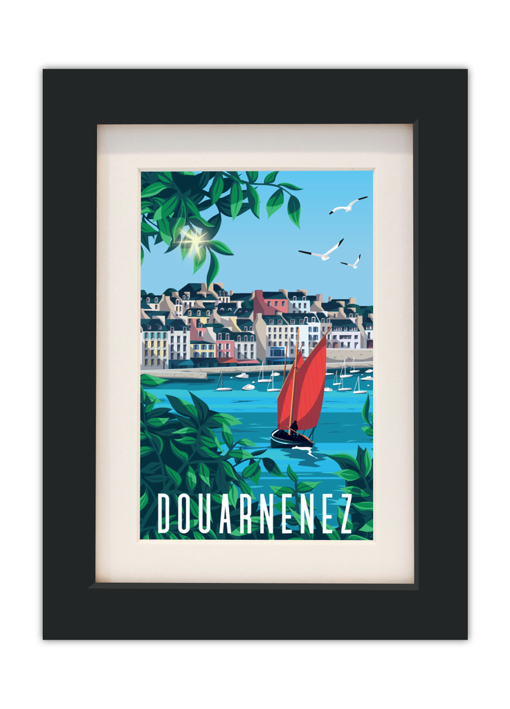 Carte postale du port du rosmeur à Douarnenez avec un cadre noir