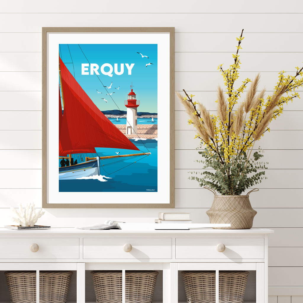 Affiche d'un voilier rouge au port d'Erquy