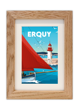 Carte postale d'Erquy dans les Côtes d'Armor avec un cadre chêne