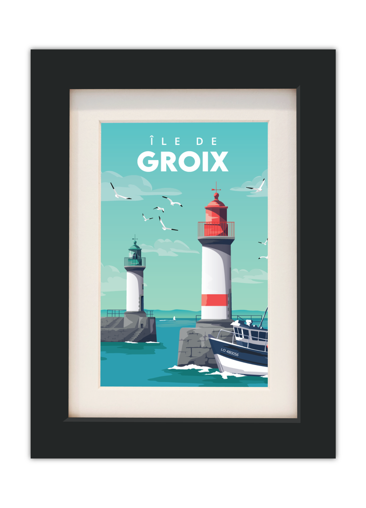Carte postale de Port Tudy à l'île de Groix avec un cadre noir