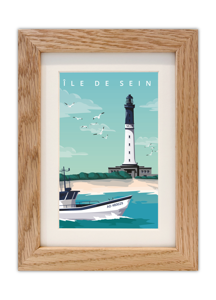 Carte postale de l'île de Sein en Bretagne avec un cadre chêne