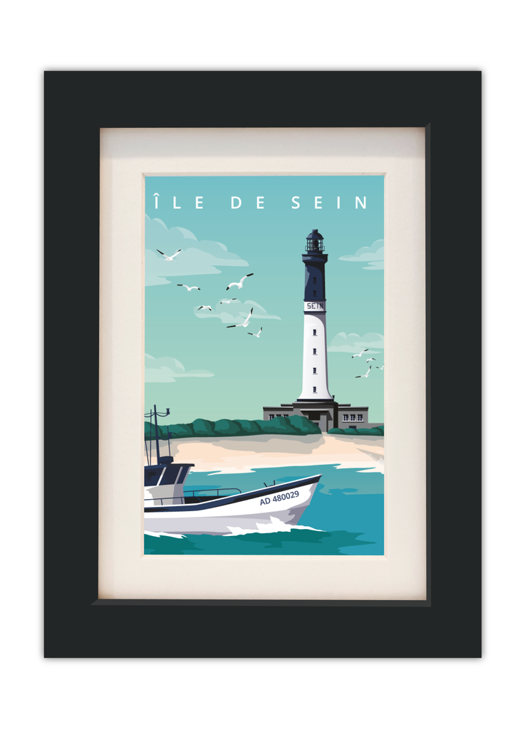 Carte postale de l'île de Sein en Bretagne avec un cadre noir