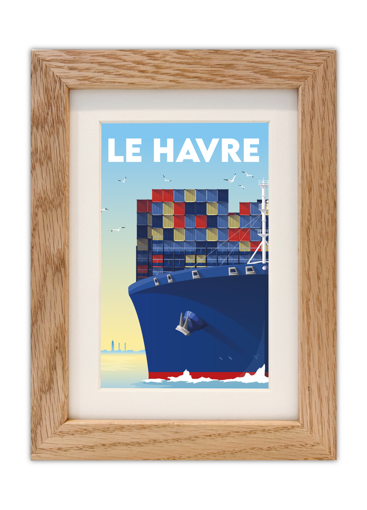 Carte postale d'un porte-conteneur au Havre avec un cadre chêne
