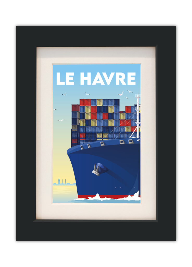 Carte postale d'un porte-conteneur au Havre avec un cadre noir