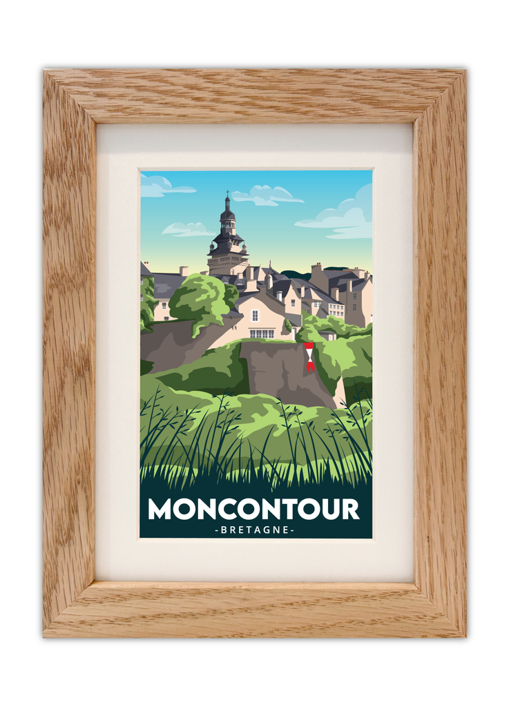 Carte postale de Moncontour dans les Côtes d'Armor avec un cadre chêne