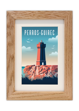 Carte postale du Phare de Ploumanac'h à Perros-Guirec avec un cadre en chêne