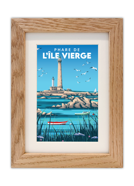 Carte postale du Phare de l'île vierge à Plouguerneau avec un cadre chêne