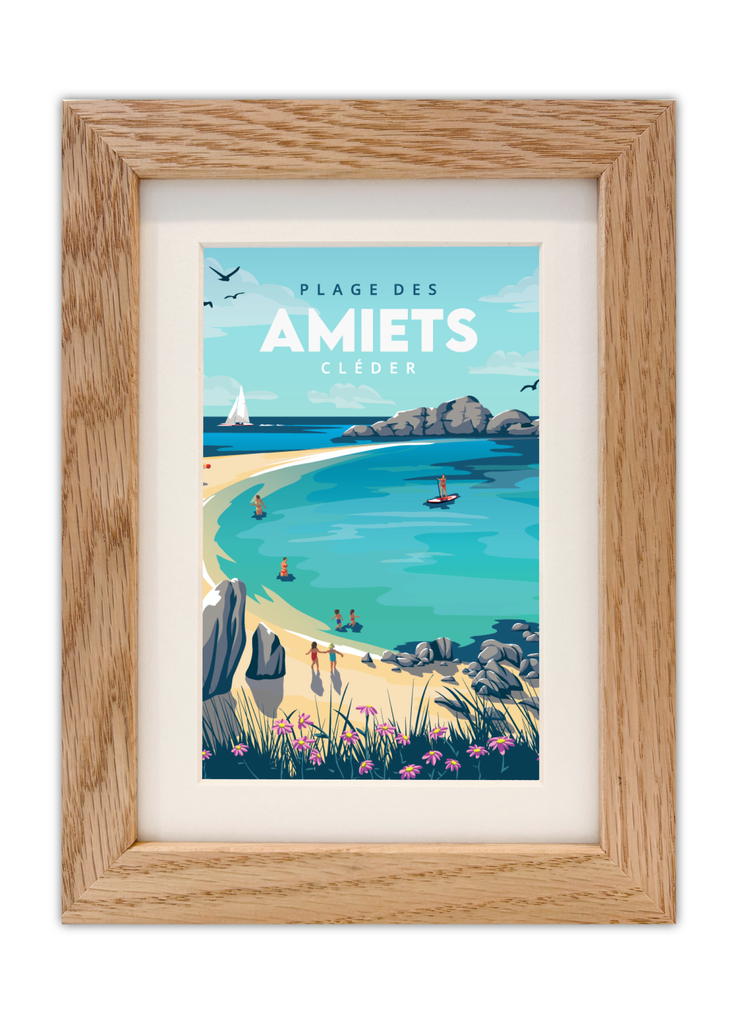 Carte postale de la plage des Amiets à Cléder avec un cadre chêne
