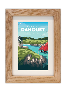 Carte postale du port de Dahouët à Pléneuf-Val-André avec un cadre en chêne