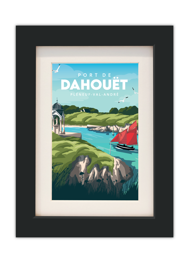 Carte postale du port de Dahouët à Pléneuf-Val-André avec un cadre en chêne