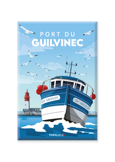 Impossible de vous emmener au Guilvinec sans dessiner un bateau de pêche rentrant au port ! L'illustration a été dessinée dans le Finistère et le magnet a été fabriqué en France.  Pour l'expédition de votre commande, chaque magnet est soigneusement inséré dans un sachet en plastique recyclé, lui même inséré dans un carton solide d'expédition.  Dimensions : 5.4 x 8 cm  Finition : mat soft touch