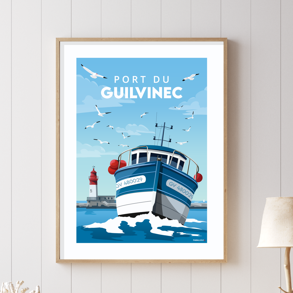 Affiche d'un bateau de pêche rentrant au port du Guilvinec. 