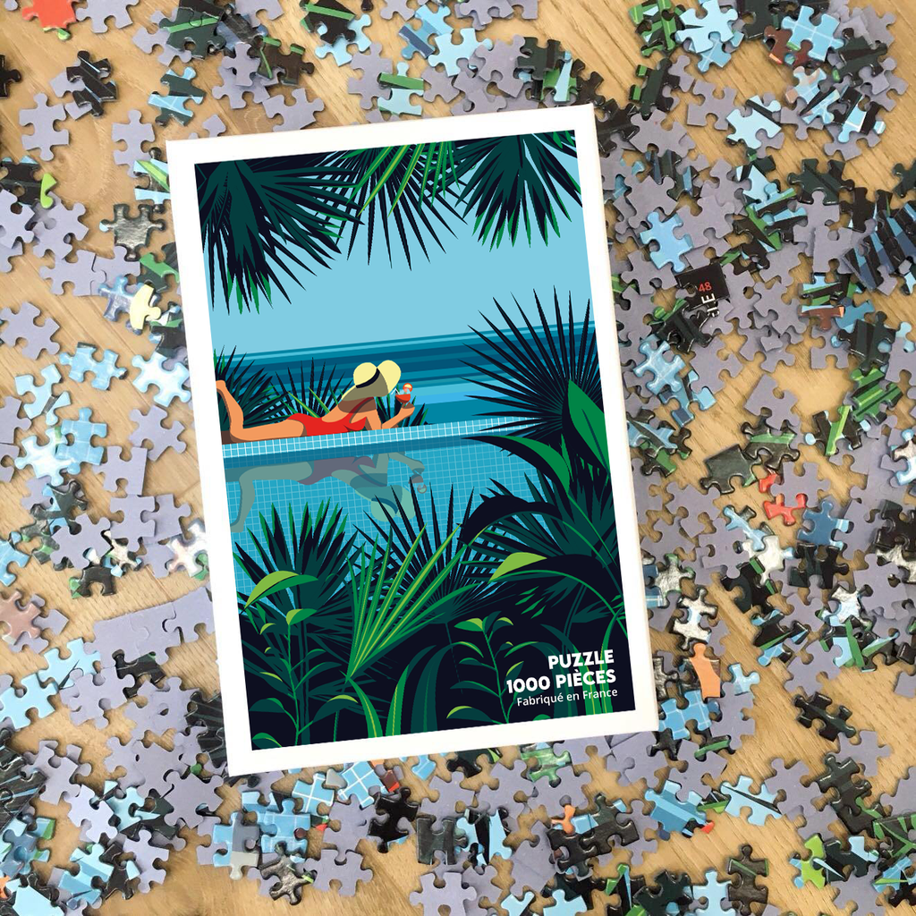 Puzzle 1000 pièces d'une scène tropicale femme au bord d'une piscine