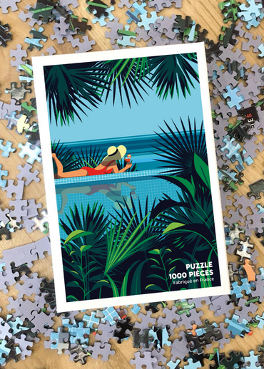 Puzzle 1000 pièces d'une scène tropicale femme au bord d'une piscine