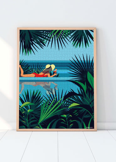 Puzzle 1000 pièces d'une scène tropicale femme au bord d'une piscine