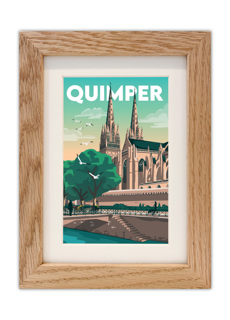 Carte postale des quais de l'odet et de la cathédrale de Quimper avec un cadre chêne