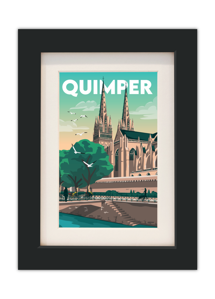 Carte postale des quais de l'odet et de la cathédrale de Quimper avec un cadre noir