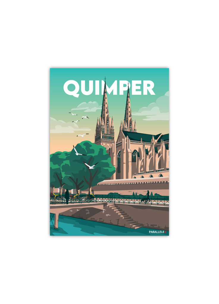 Carte postale des quais de l'odet et de la cathédrale de Quimper