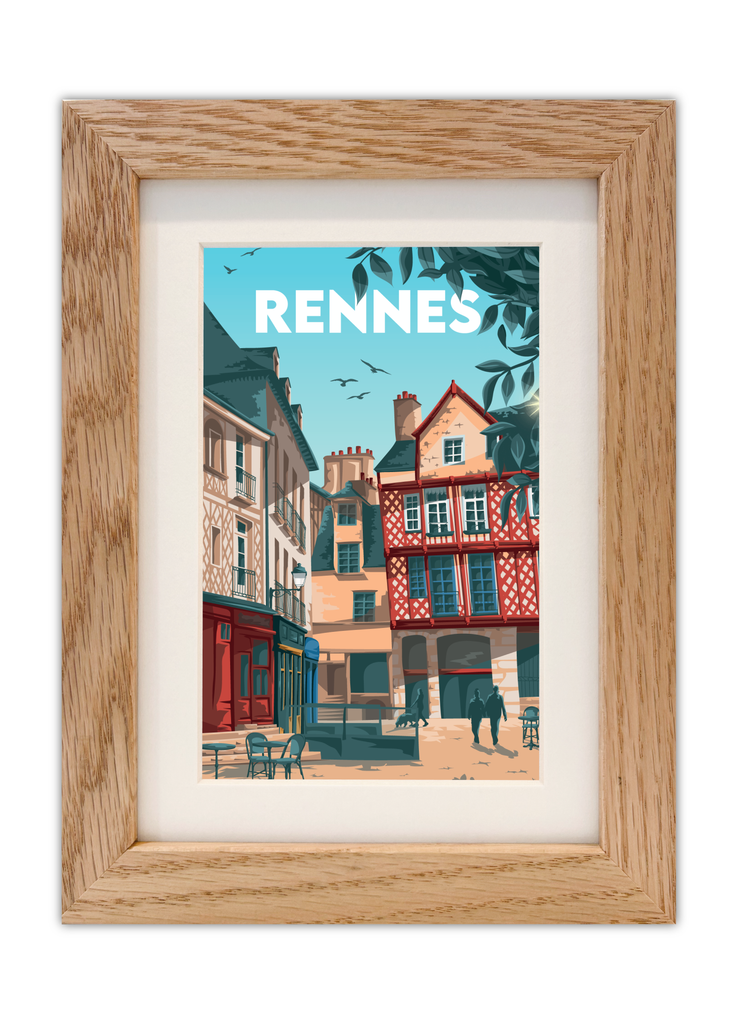 Carte postale de la place Sainte-Anne à Rennes avec un cadre en chêne