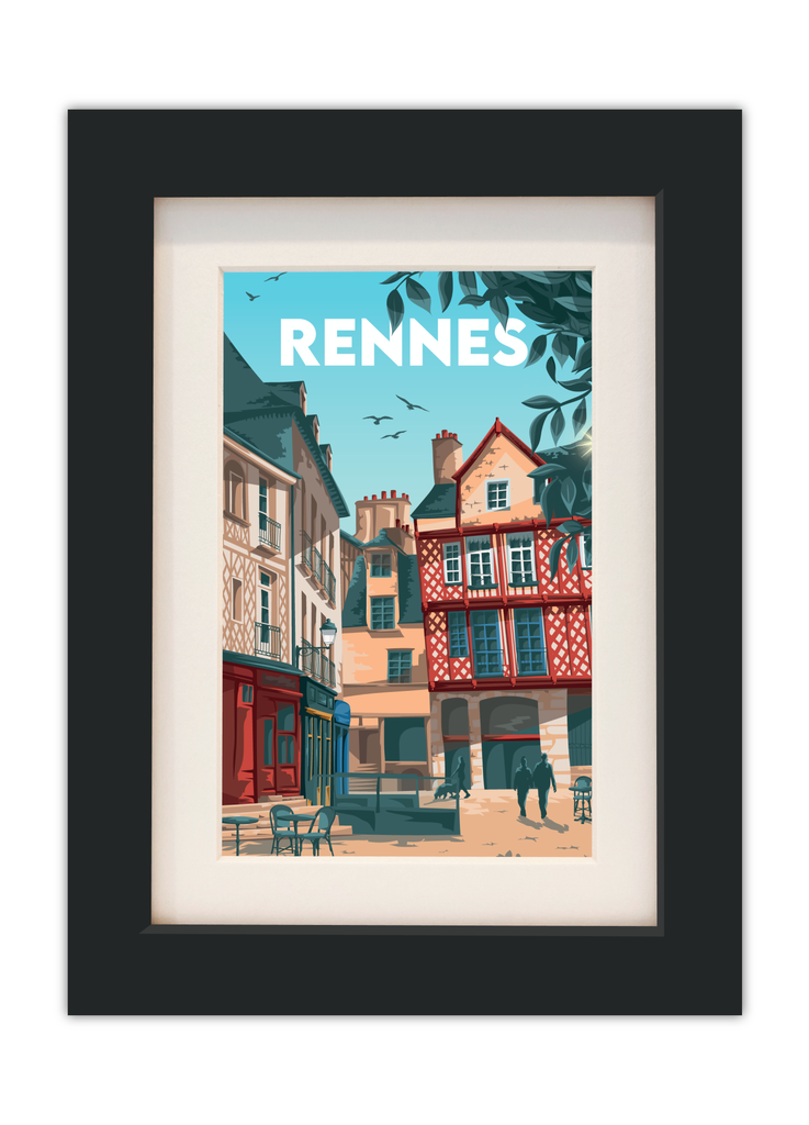 Carte postale de la place Sainte-Anne à Rennes avec un cadre noir