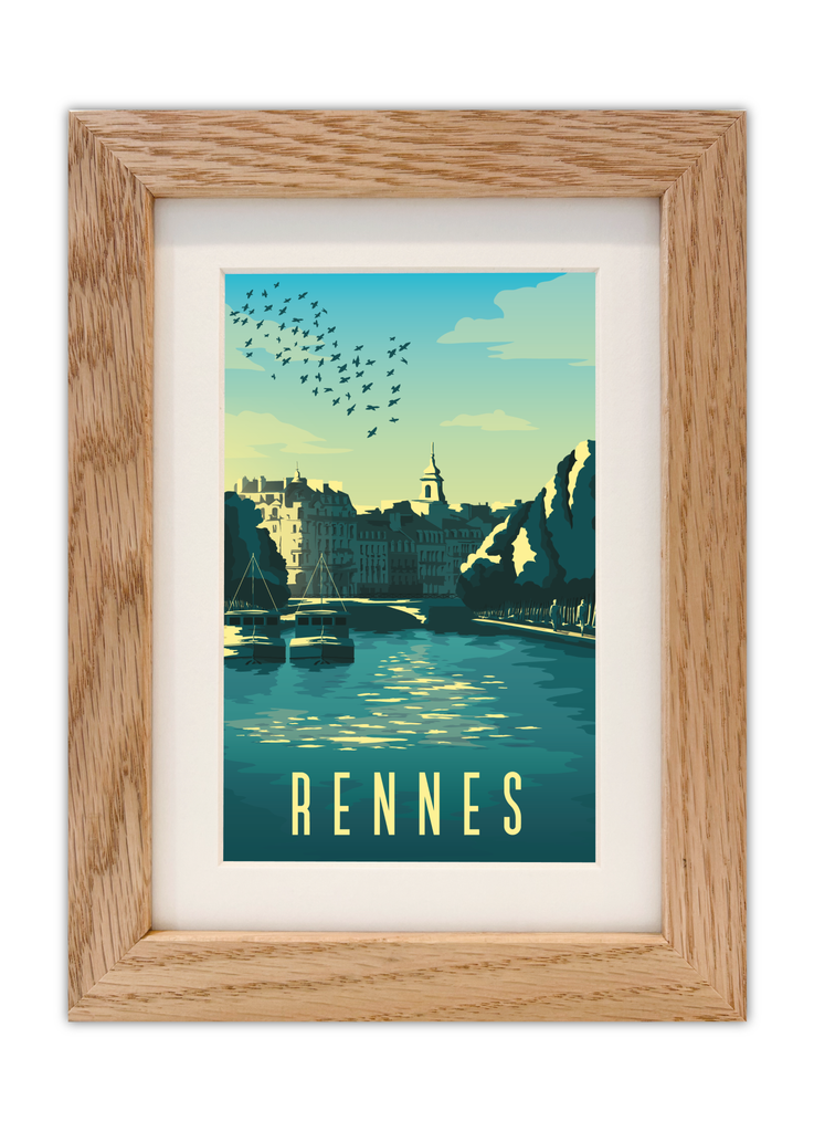 Carte postale du quai St Cyr à Rennes avec un cadre en chêne