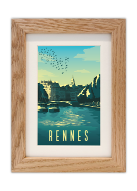 Carte postale du quai St Cyr à Rennes avec un cadre en chêne