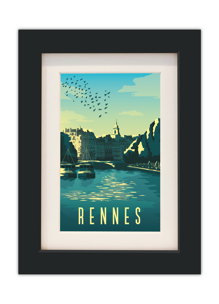 Carte postale du quai St Cyr à Rennes avec un cadre noir