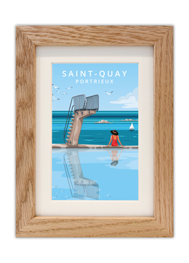 Carte postale du Plongeoir de la piscine de Saint-Quay-Portrieux avec un cadre chêne