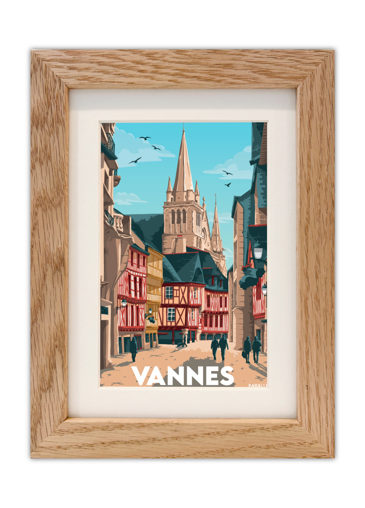 Carte postale du centre ville de Vannes avec un cadre Chêne