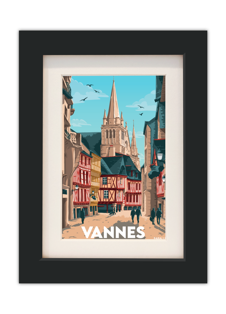 Carte postale du centre ville de Vannes avec un cadre noir