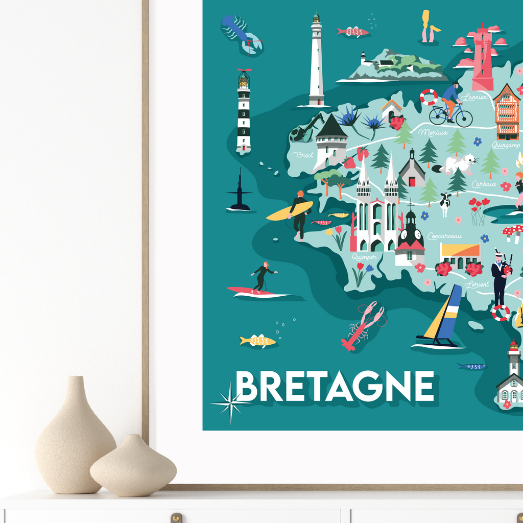 Affiche d'une carte illustrée de la Bretagne